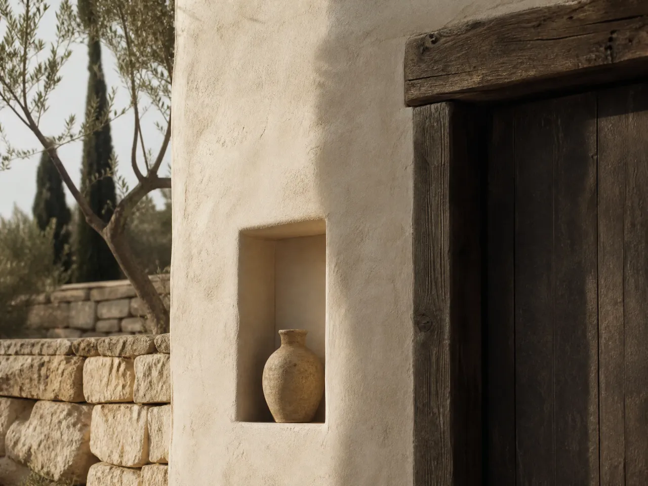 Lime-washed plaster wall and dark timber door detail in Mediterranean minimalist architecture