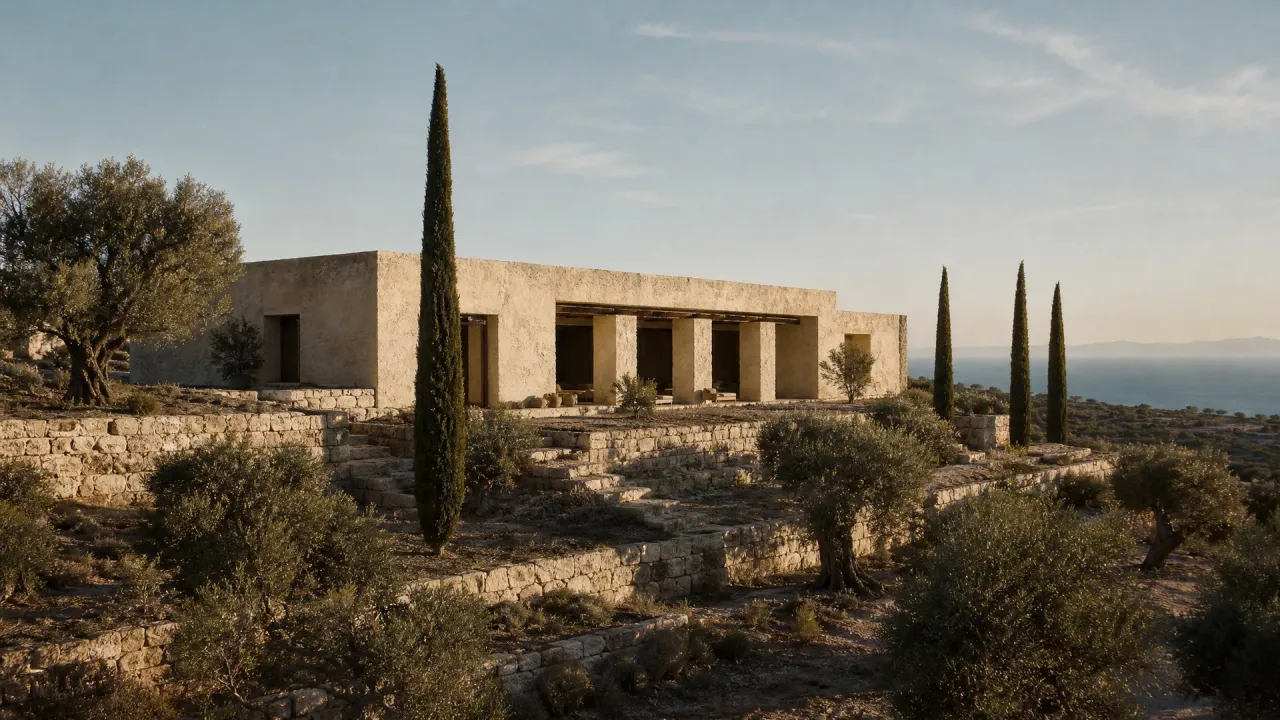 Rural Mediterranean minimalist stone villa at golden hour with olive grove and cypress trees
