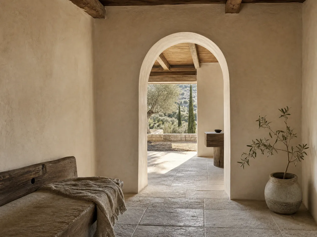 Minimalist Mediterranean interior with stone floor, plaster walls and arched doorway