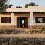 Lime-washed Mediterranean villa facade with stone base and timber shutters at sunset