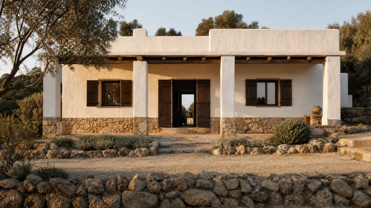 Lime-washed Mediterranean villa facade with stone base and timber shutters at sunset