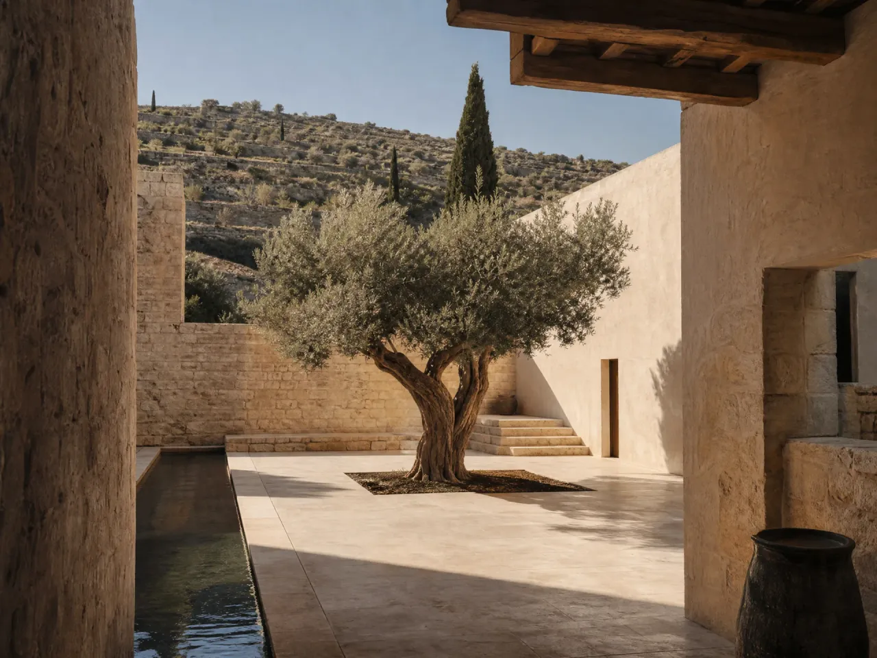 Stone-walled Mediterranean courtyard with single mature olive tree and travertine paving