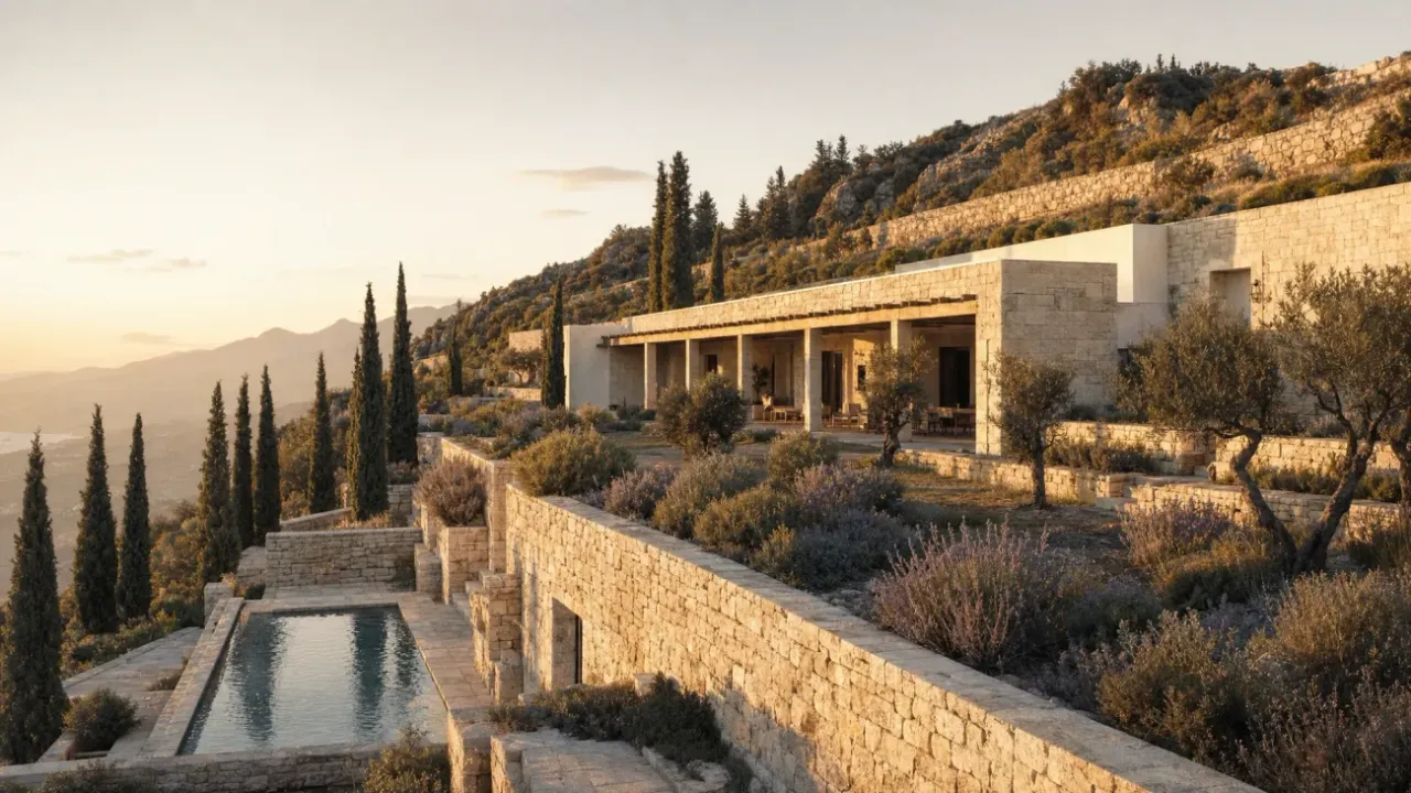 Modern stone villa carved into a Mediterranean hillside with terraced garden and cypress avenue
