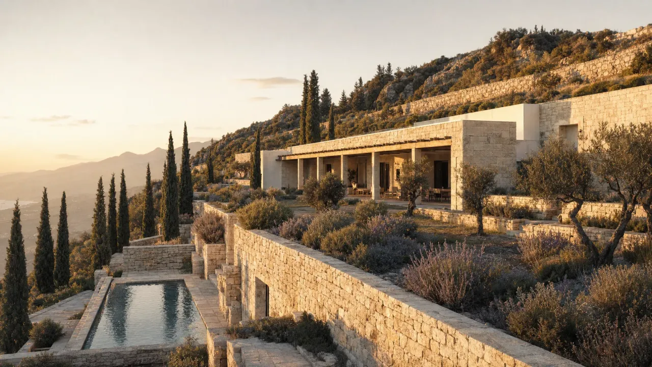 Modern stone villa carved into a Mediterranean hillside with terraced garden and cypress avenue