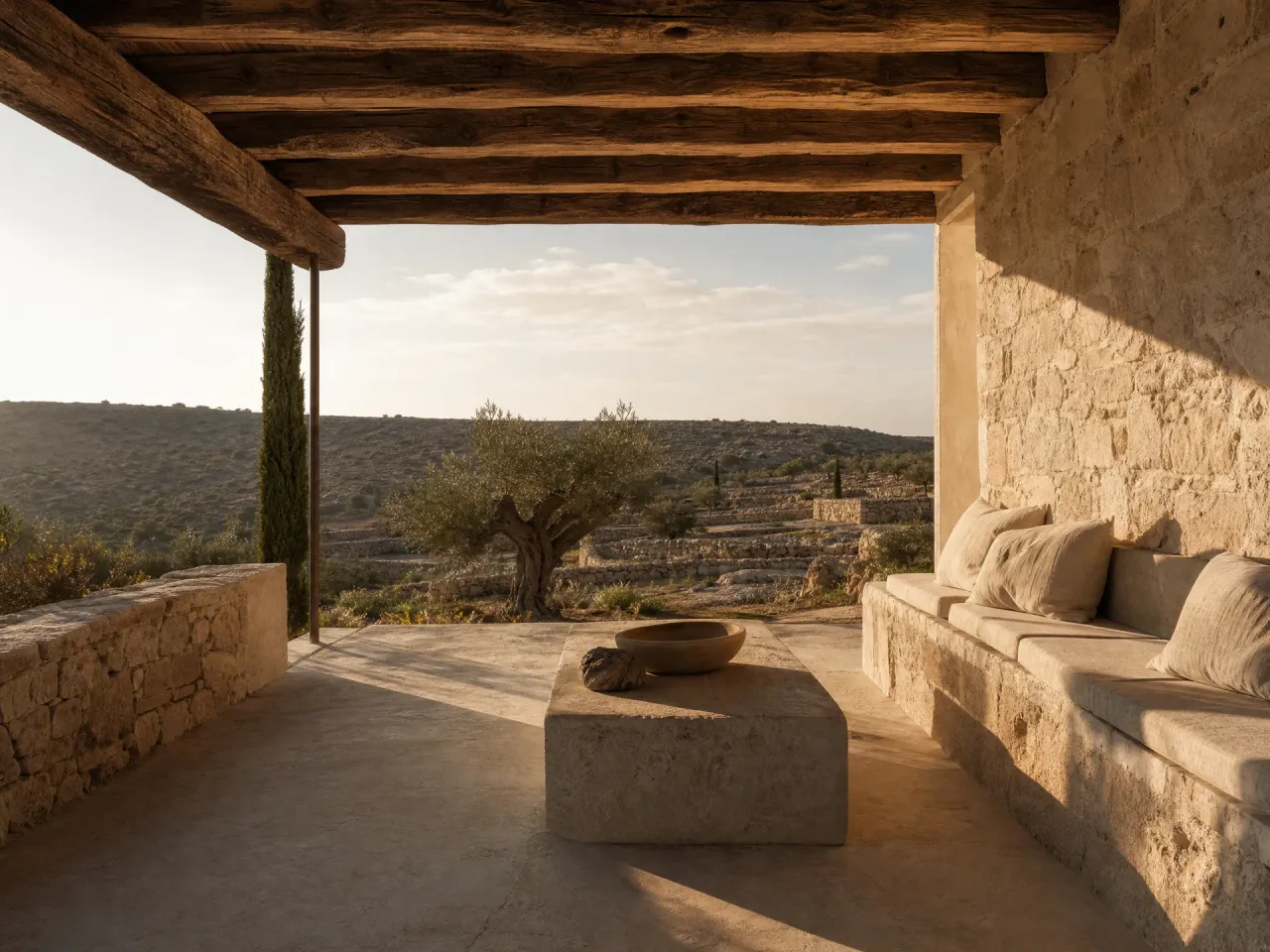 Deep timber-beamed loggia providing climate shade on a stone Mediterranean villa