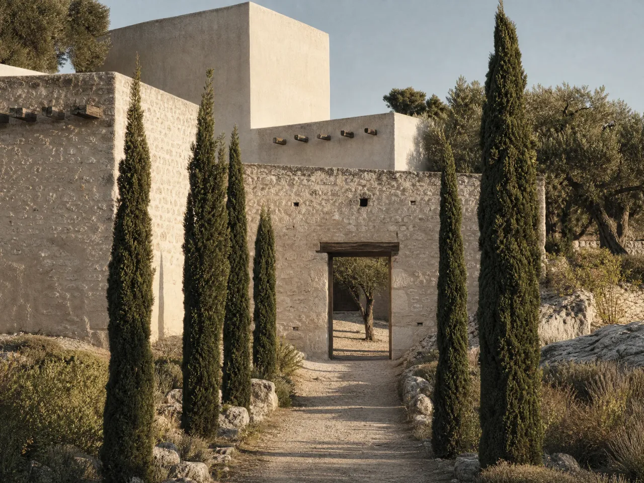 Cypress avenue leading to a stone arch entrance of a rural Mediterranean property